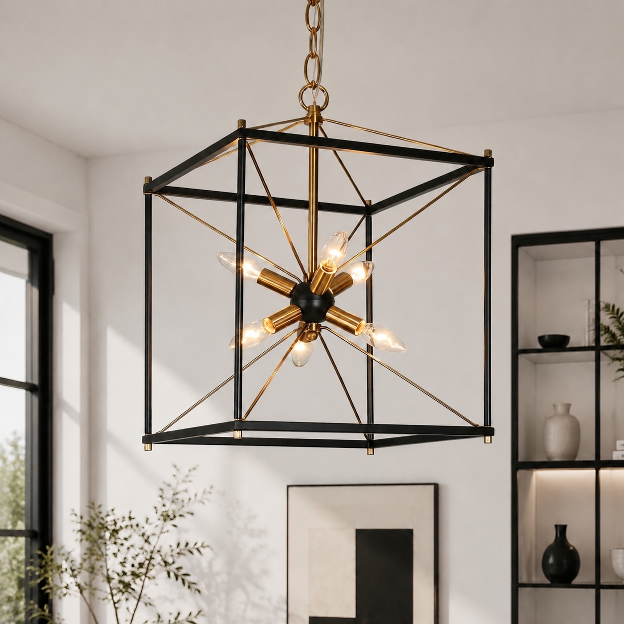 Leno 6-Light Black Gold Sputnik Sphere Chandelier Modern Cage Satellite Metal Pendant Lighting for Dining Room
