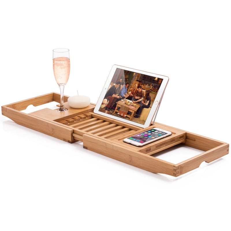 Bathtub Tray for Tub - Adjustable Bamboo Bath Tray for Tub - Collapsible Bathtub Caddy Bath Tub Tray Wood - Bath Accessories - Natural