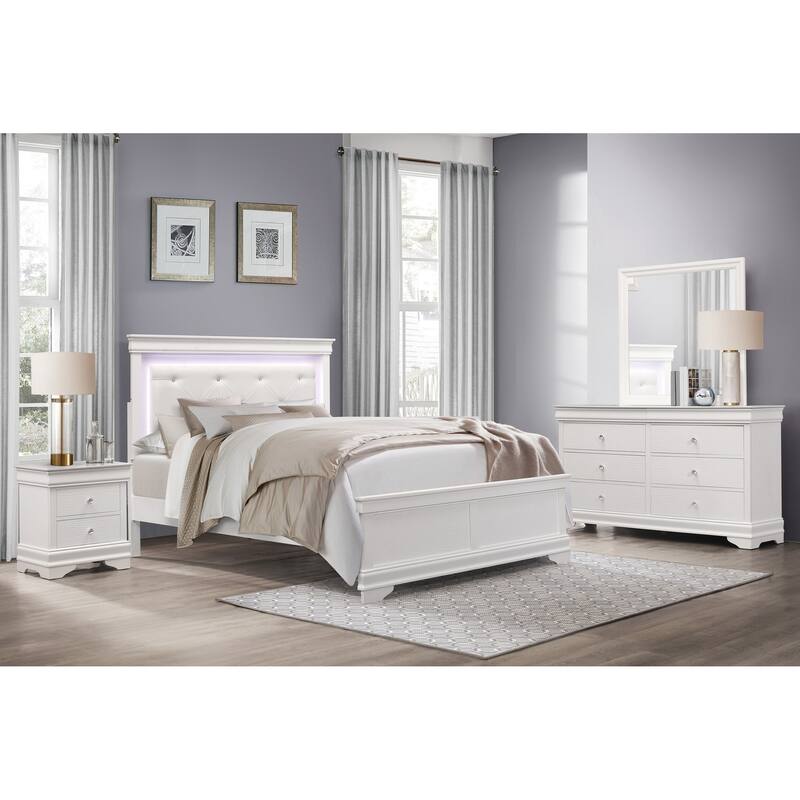 Glam Bedroom Furniture Set White Finish LED Upholstered Bed