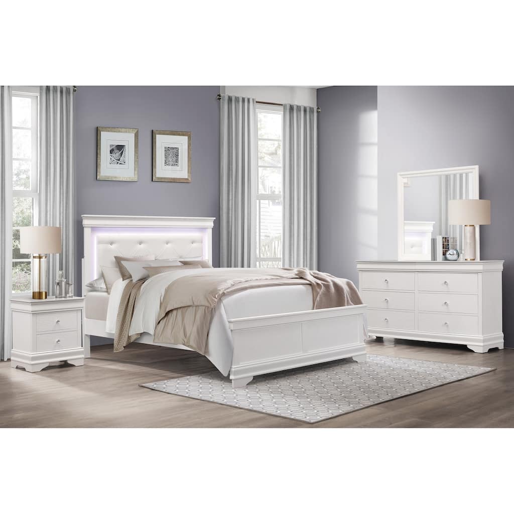 Glam Bedroom Furniture Set White Finish LED Upholstered Bed