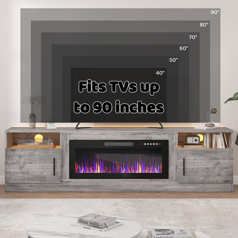 BOSSIN 80" Modern Electric Fireplace TV Stand with 20-Color LED Lights, Fits Up to 90" TV, Adjustable Shelves & Storage Cabinets