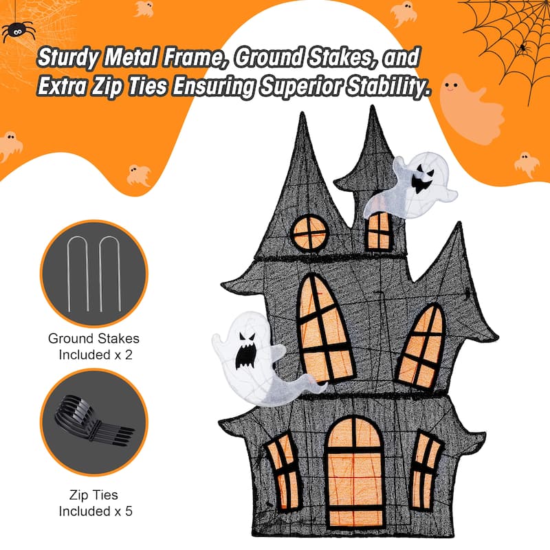 Glitzhome 5ft Pre-lit Halloween 2D Haunted House Outdoor Decor with 210 Warm White LED Lights