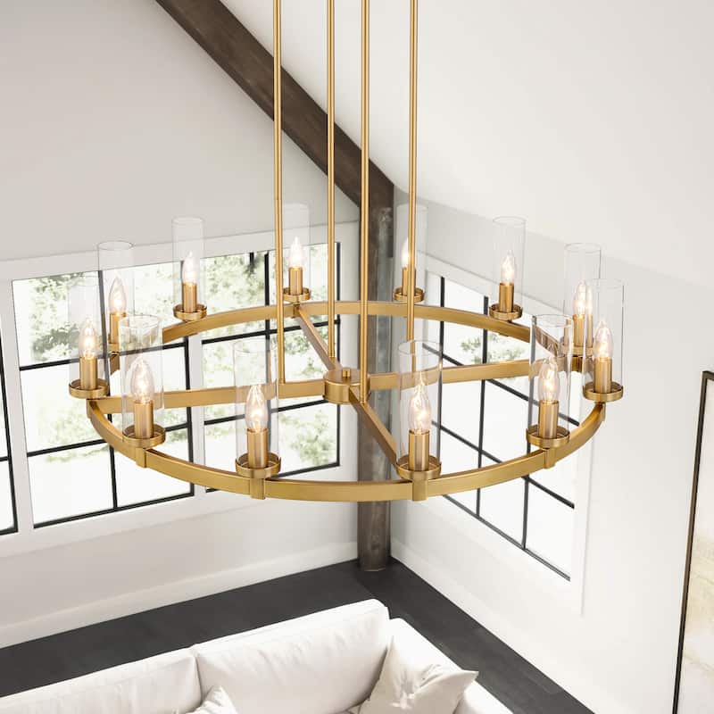 12-Light Mid-Century Modern Gold/Black Clear Glass Large Wagon Wheel Chandelier for Dining Room/ Living Room