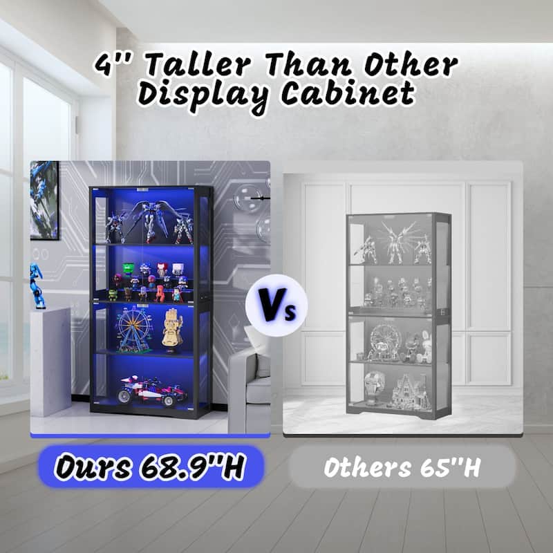 VEIKOUS 68.9" Tall Glass Display Cabinet with Built-in LED Lights & Motion Sensor for Lego, Collectibles, Figures