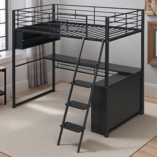 Full Size Loft Bed with Desk, LED Shelves, and Storage - Metal Frame with Guardrails and Ladder, Space-Saving Design for Teens