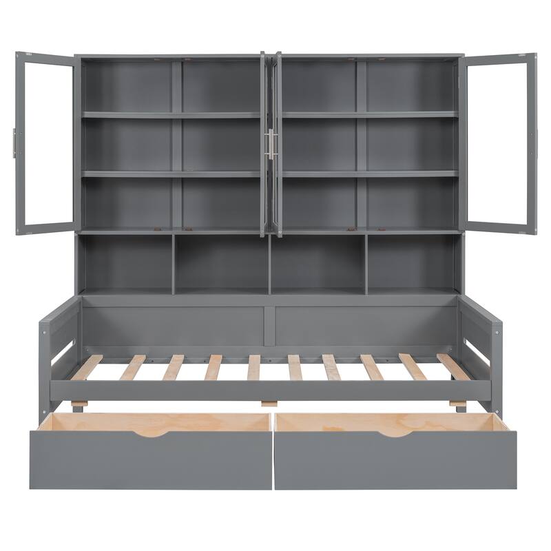 Twin Size Wooden Daybed with Glass-Door Storage, LED Lighting, and Shelves, Gray