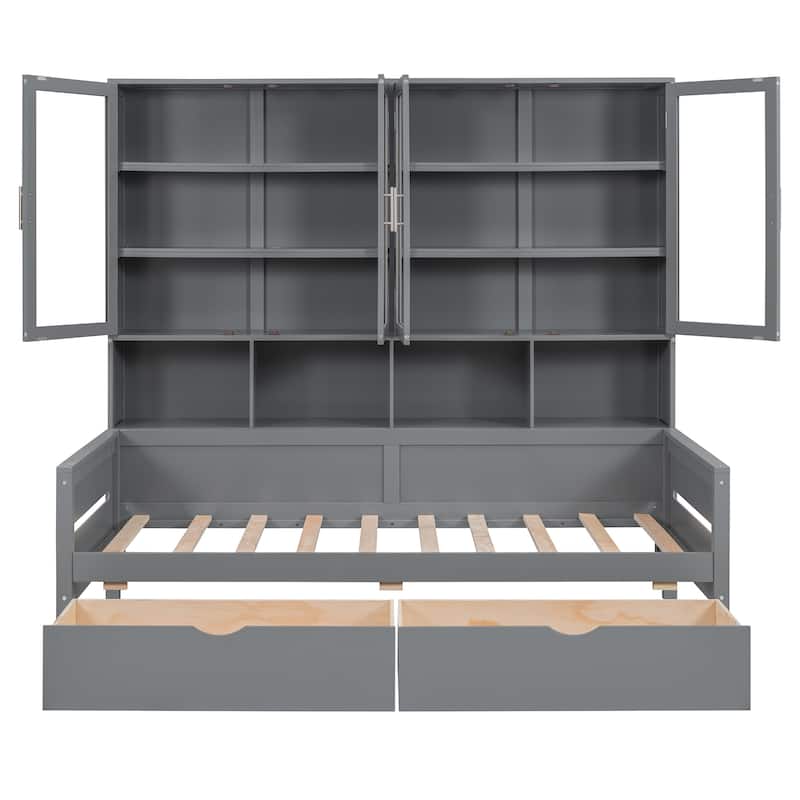 Twin Size Wooden Daybed with Glass-Door Storage Cabinets, Built-in LED Lighting and Shelves