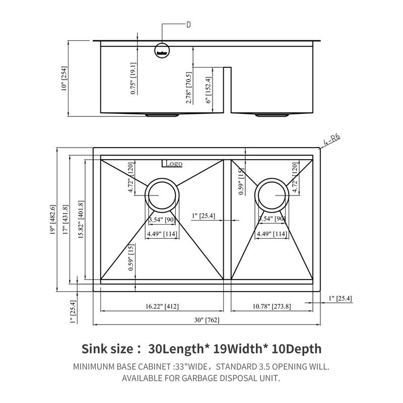 Double Bowl(60/40) Undermount Sink- 30"x19" Double Bowl Kitchen Sink 16 Gauge with Two 10" Deep Basin