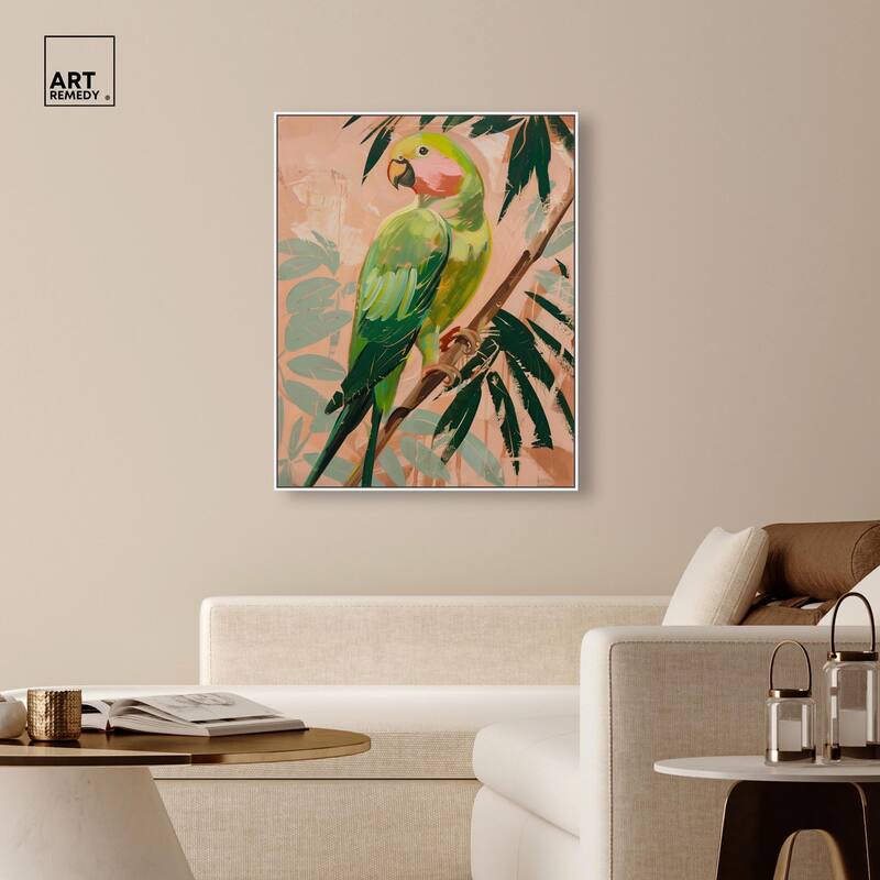 Coral and Green Parrot II Canvas by Art Remedy