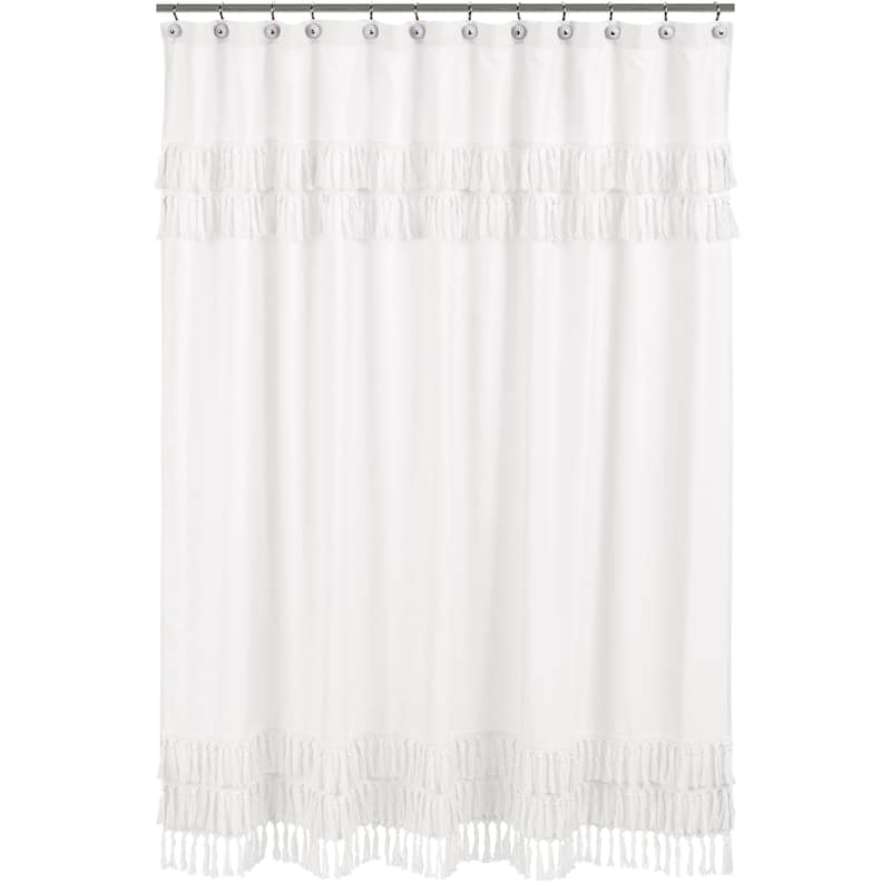White Boho Bohemian Bathroom Fabric Bath Shower Curtain - Solid Shabby Chic Princess Luxurious Luxury Elegant Tassel Fringe