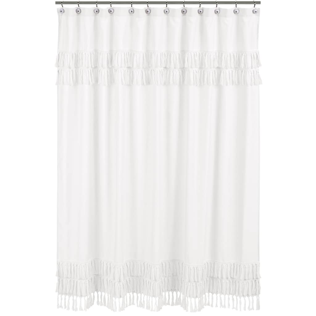 White Boho Bohemian Bathroom Fabric Bath Shower Curtain - Solid Shabby Chic Princess Luxurious Luxury Elegant Tassel Fringe