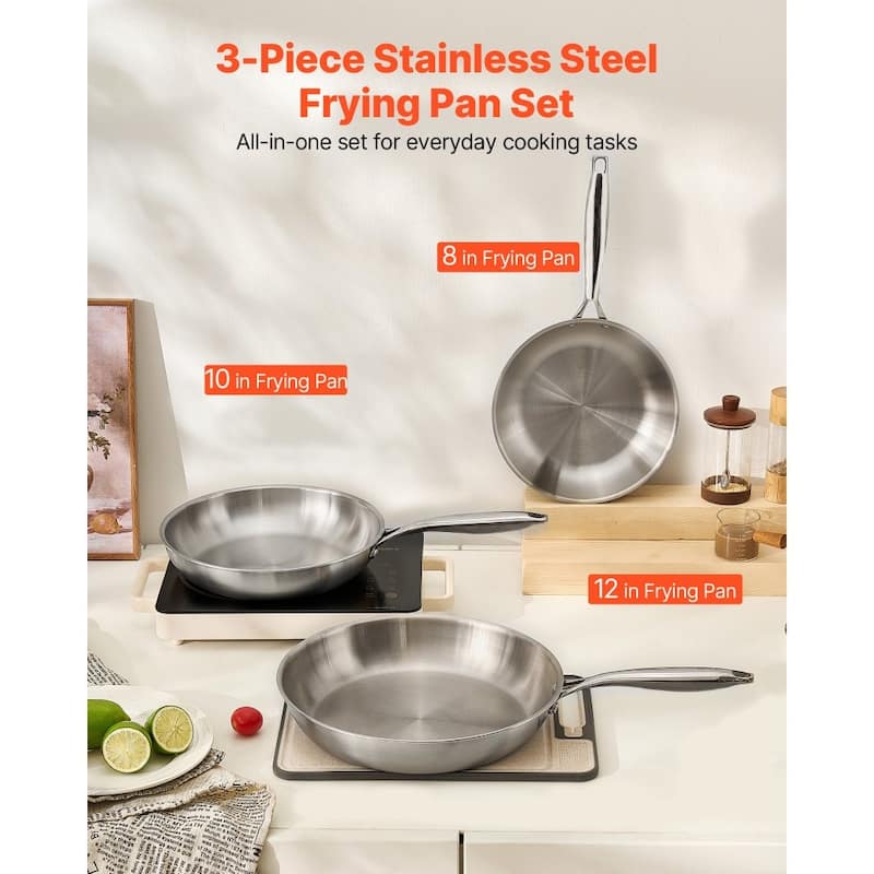 3-Piece Stainless Steel Skillet Set Even Heat Distribution Frying Pans for All Cooktops - Large Pan Size: 22 x 13 x 5 in