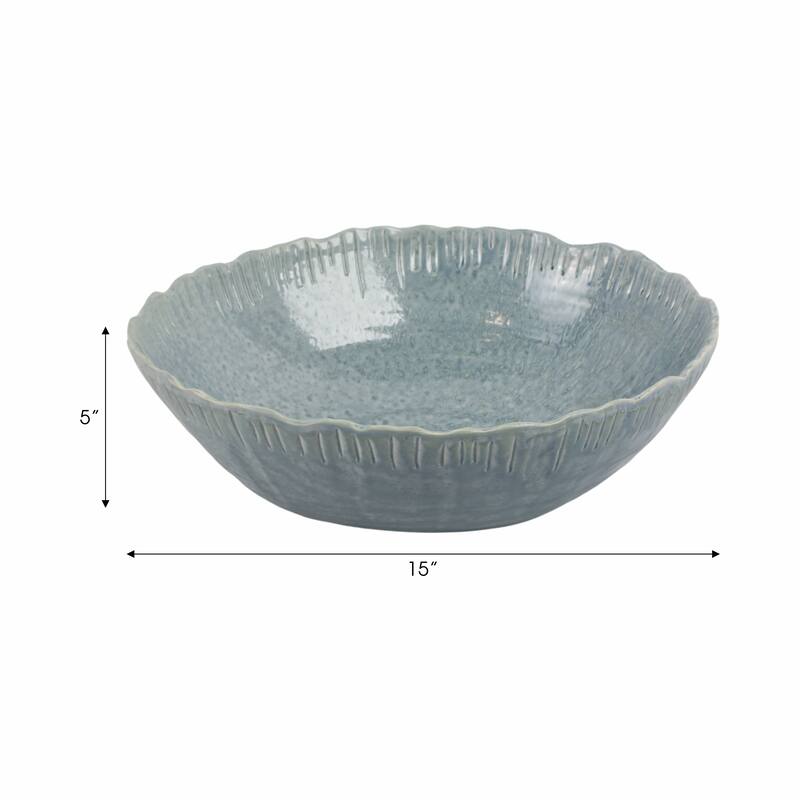 Decorative Round Glazed Wavy Edge Bowl - 15.25", Teal Blue - 15.25"