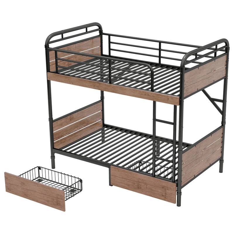 Detachable Bunk Bed Convertible 2 Beds, Black Metal Twin XL Over Twin XL Bed Frame with 2 Drawers, Lights and Charge Station