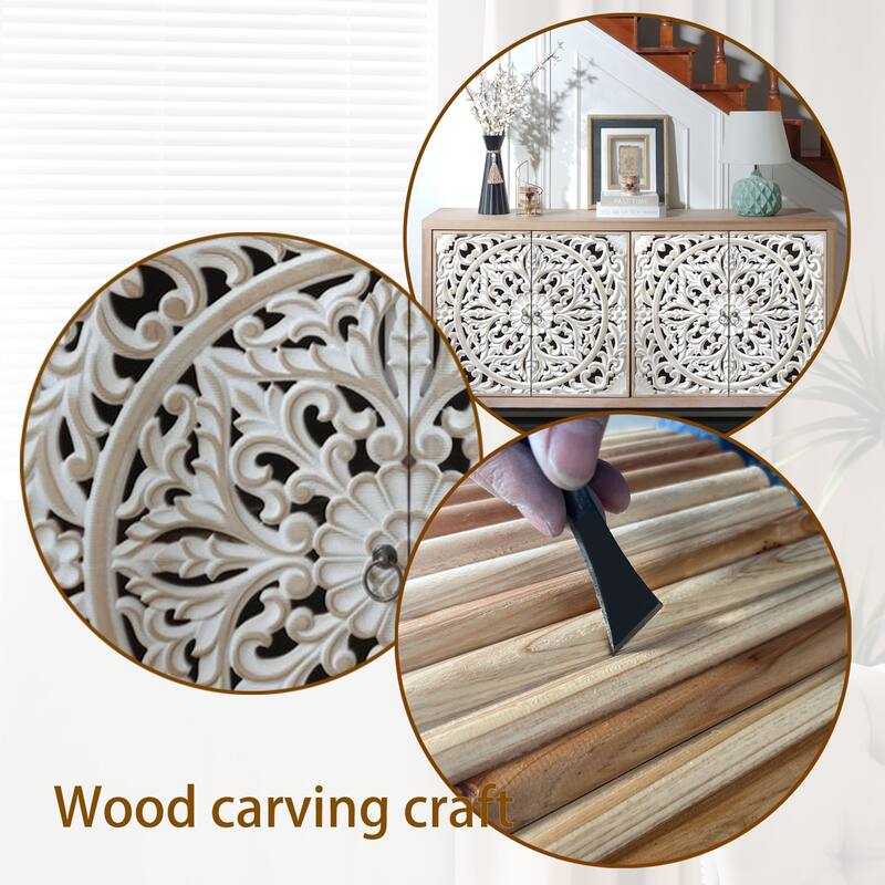 Rustic Carved Sideboard Buffet, Wood 4-Door Accent Cabinet, Storage Cabinet with Floral Hand-Carved Doors