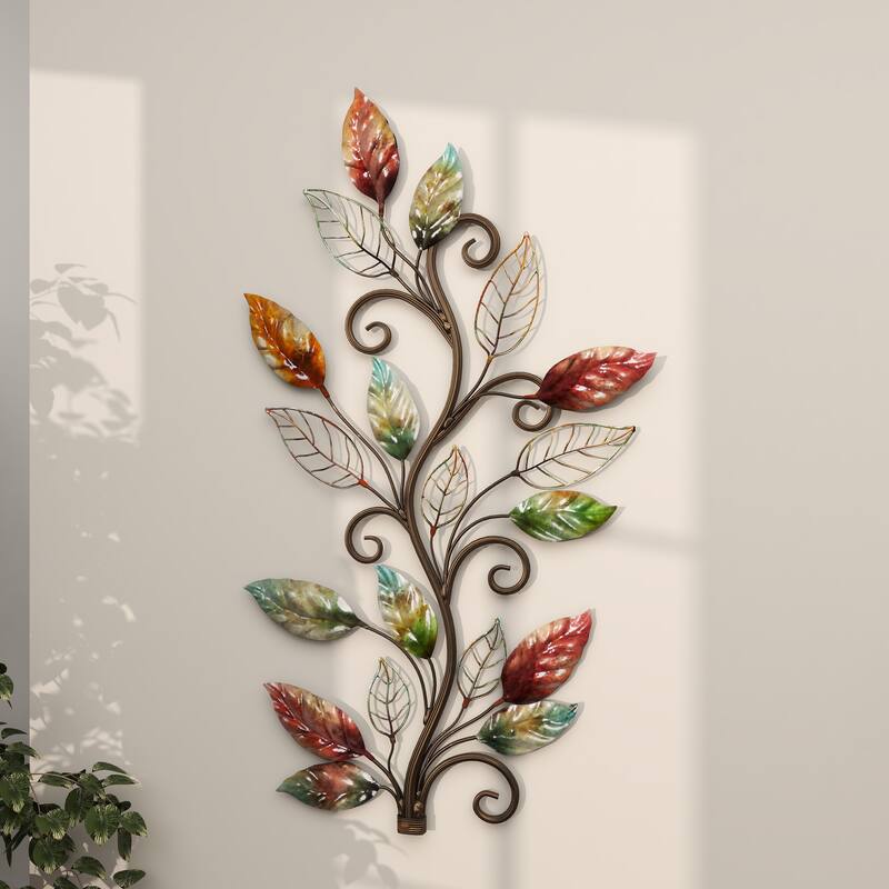 Multi Colored Metal Leaf Home Wall Decor with Scrolled Vine and Wire Leaf Accents