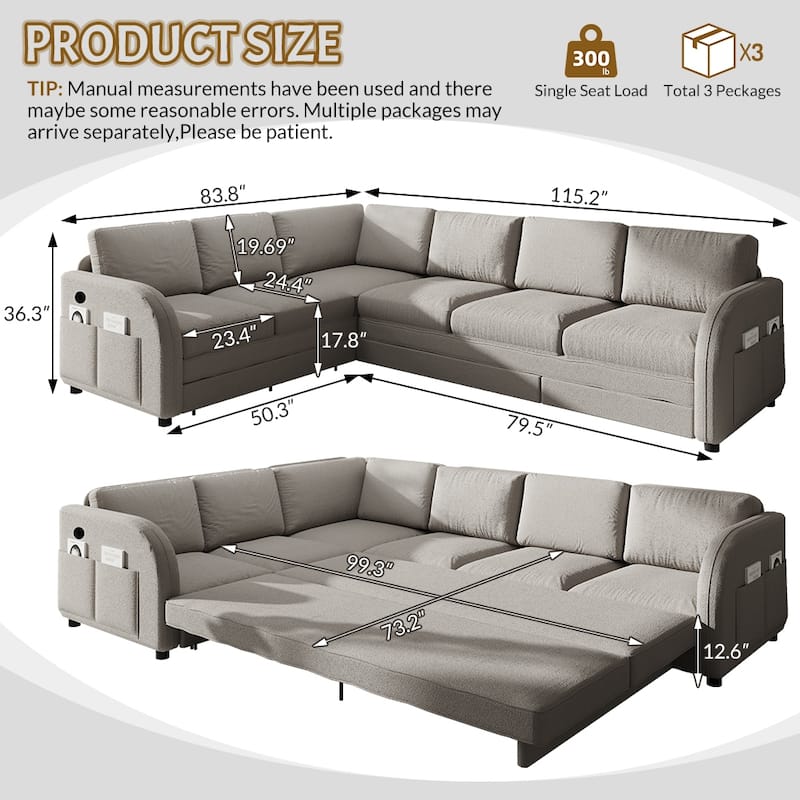 Homy Casa 85"/115" L-Shaped Sectional Sofa Bed USB & Side Pocket, Teddy Fabric Pull-Out Sleeper, Reversible Chaise, Multi Colors