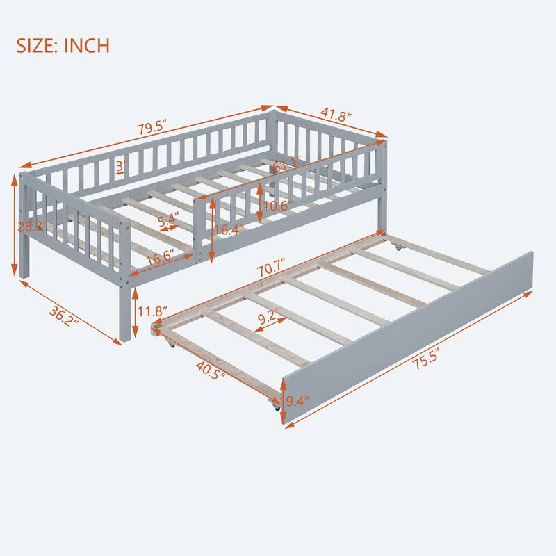 Twin Size Wood Daybed with Trundle and Fence Guardrails