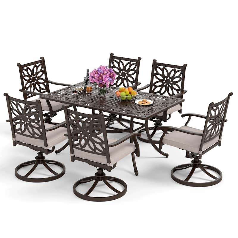 MAISON ARTS 7-Piece Cast Aluminum Patio Dining Set with Rectangle Dining Table & 6 Cast Aluminum Patio Chairs