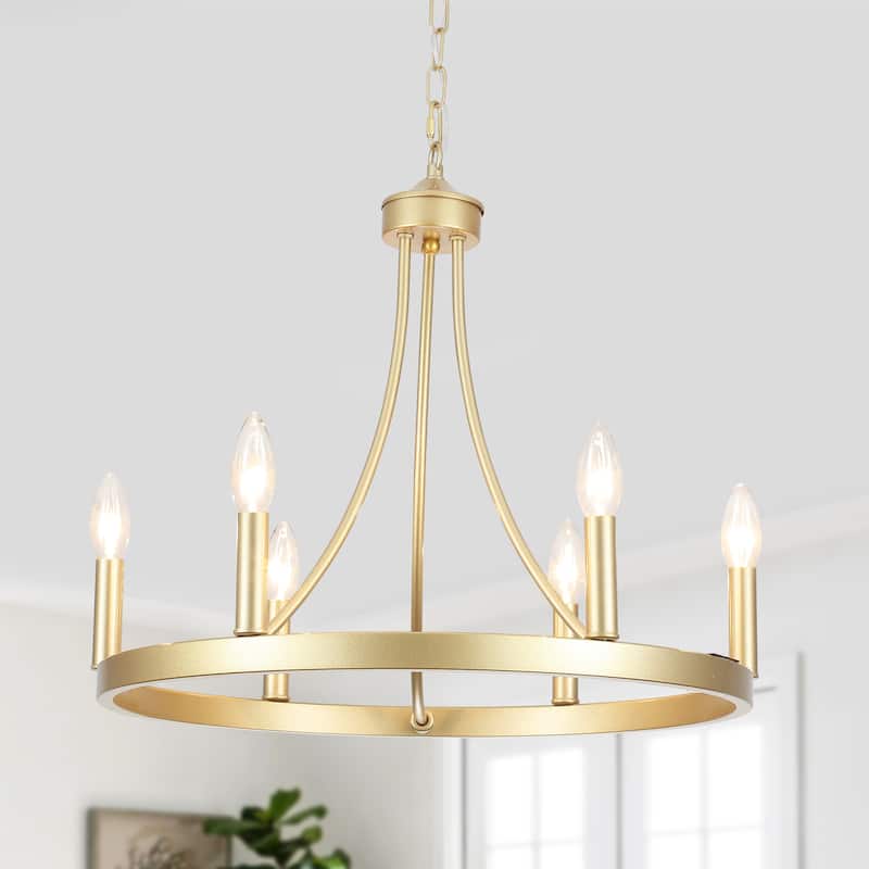 6-Light Farmhouse Candle Circle Hanging Wagon Wheel Chandelier Lighting for Kitchen Island - Gold
