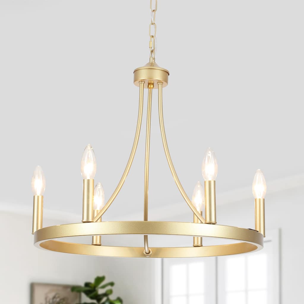 6-Light Farmhouse Candle Circle Hanging Wagon Wheel Chandelier Lighting for Kitchen Island