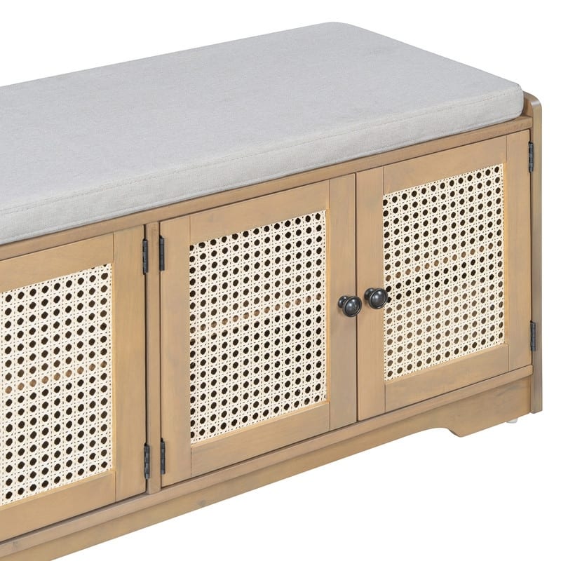 Rustic 47.4" Storage Bench Multifunctional Wooden Entryway Organizer with Removable Cushion and Rattan Doors