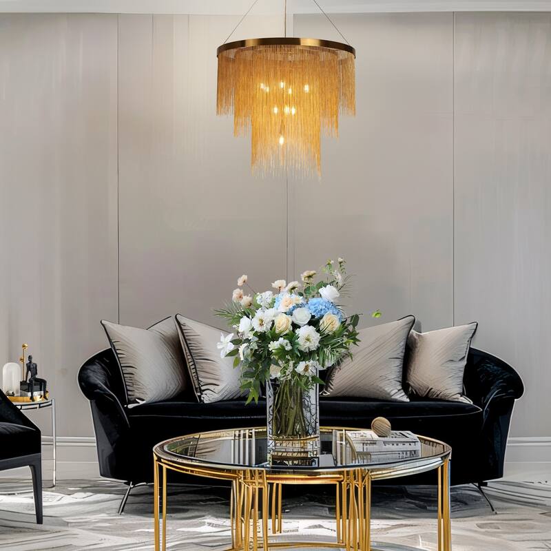 Mid-Century Modern 10-Light Tierd Gold Fringe Chandeliers for Dining Room - Dia. 31.5" x H 27.5"
