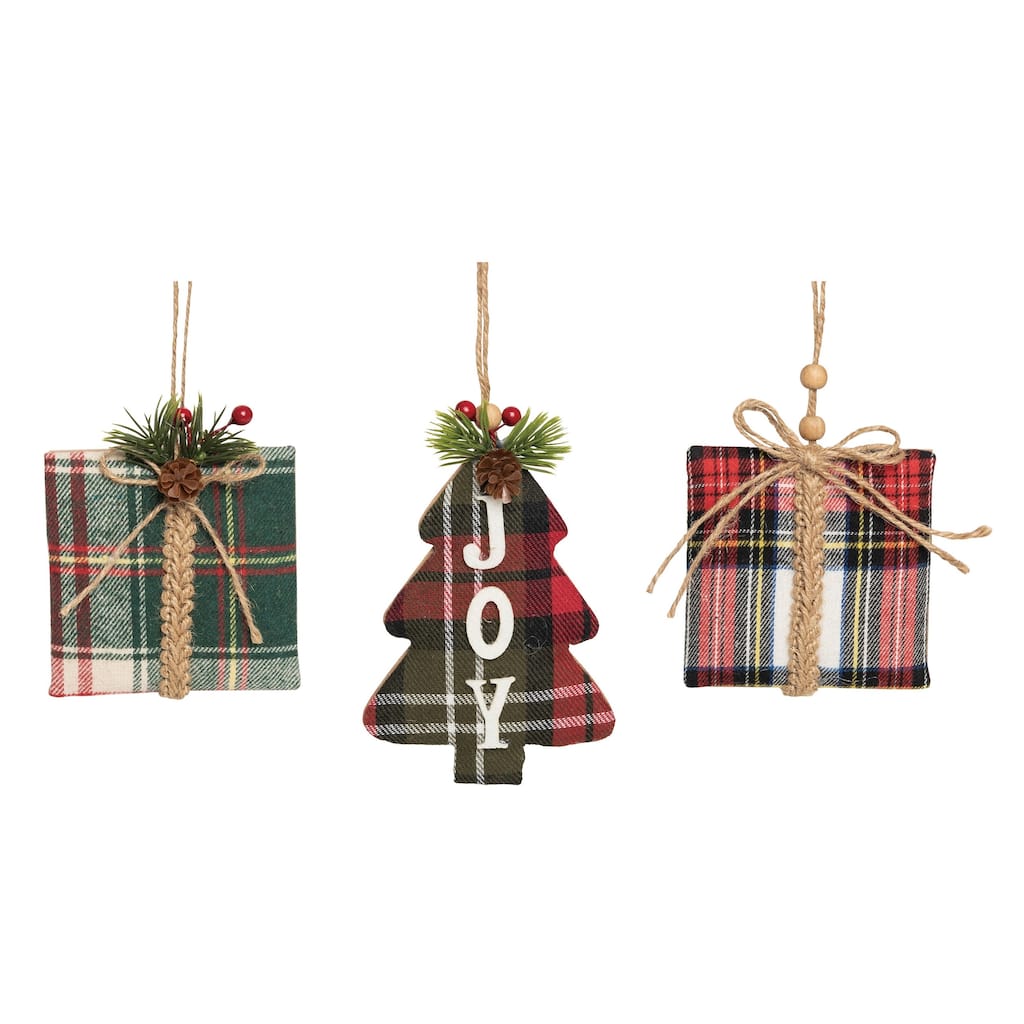 Transpac Fabric/Canvas 5.25 in. Multicolored Christmas Plaid Present and Tree Ornament Set of 3