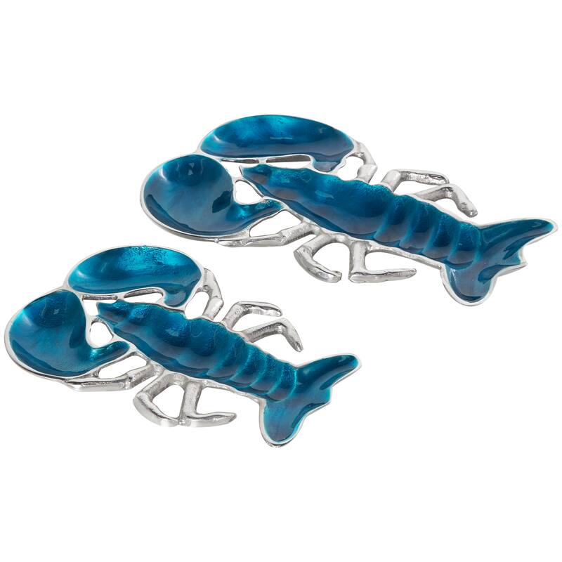 Silver, Blue or Teal Aluminum Enameled Lobster Tray with Silver Metal Exterior (Set of 2)