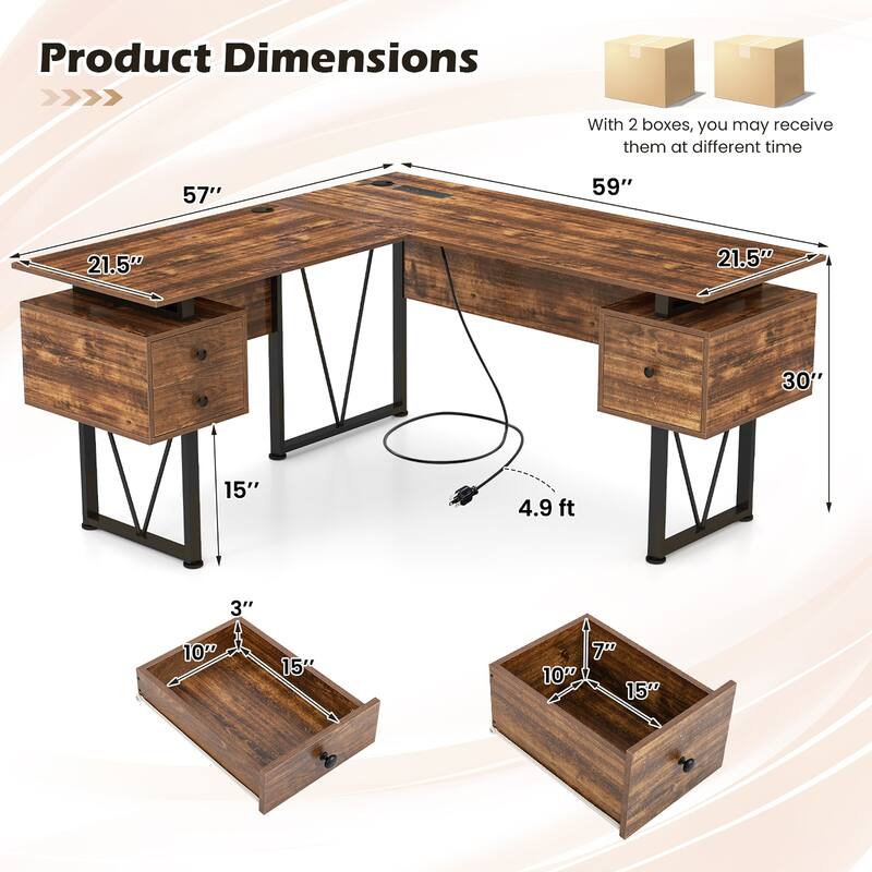 Gymax 59'' L-shaped Computer Desk w/ Charging Station Corner Desk