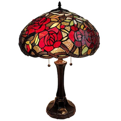 Tiffany Style Table Lamp 24" Tall Stained Glass Floral Roses Decor Nightstand Bedroom Office Handmade Amora Lighting