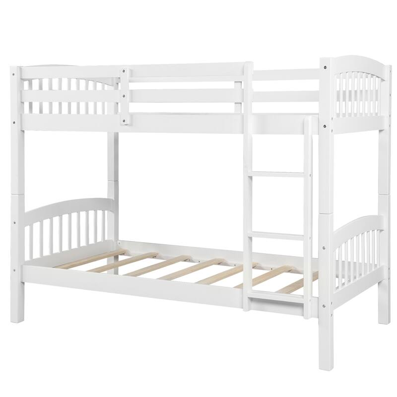 Modern White Twin Over Twin Bunk Bed with Ladder and Full-Length Guardrail, Solid Pinewood, No Box Spring Needed