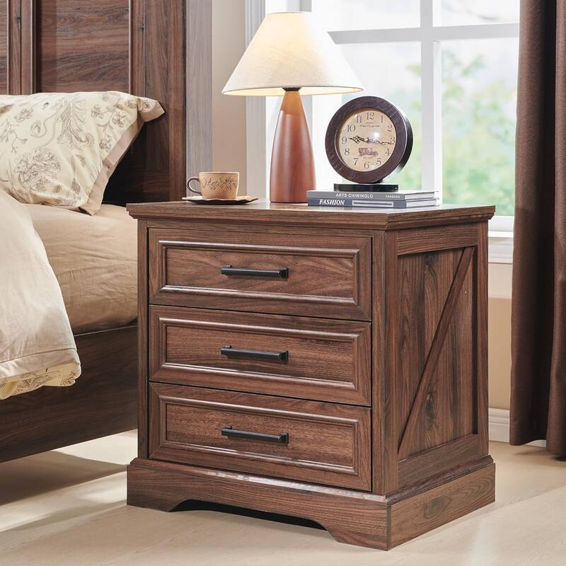 Farmhouse 3-Drawer Nightstand, Wide End Table with Charging Station - Brown