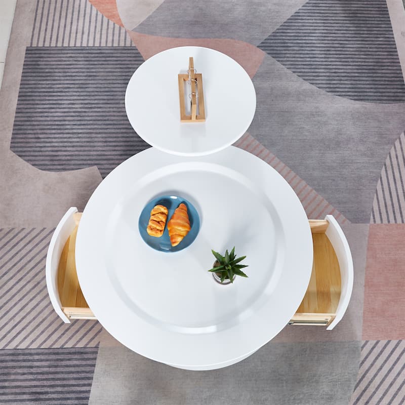 2 Pieces White MDF Round Coffee Table Set