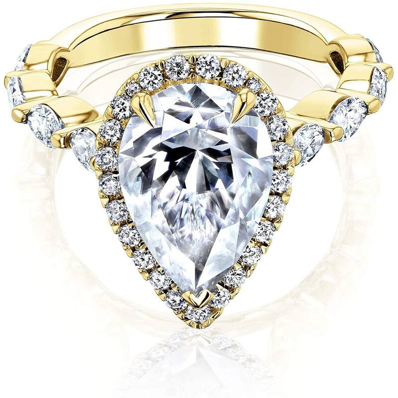 Kobelli 4.4 Carat Moissanite & Diamond 14k Solid Gold Pear Halo Scallop Band Cathedral Cristina Ring (GH/VS, DEF/VS) - 9.5 - Yellow