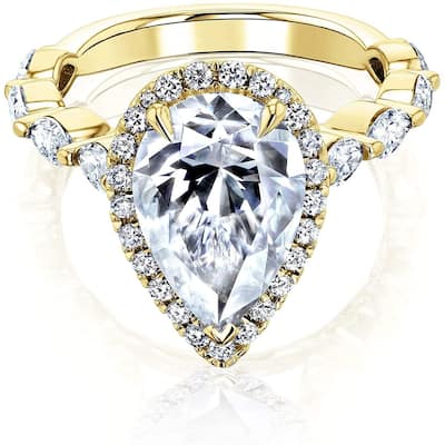 Kobelli 4.4 Carat Moissanite & Diamond 14k Solid Gold Pear Halo Scallop Band Cathedral Cristina Ring (GH/VS, DEF/VS)
