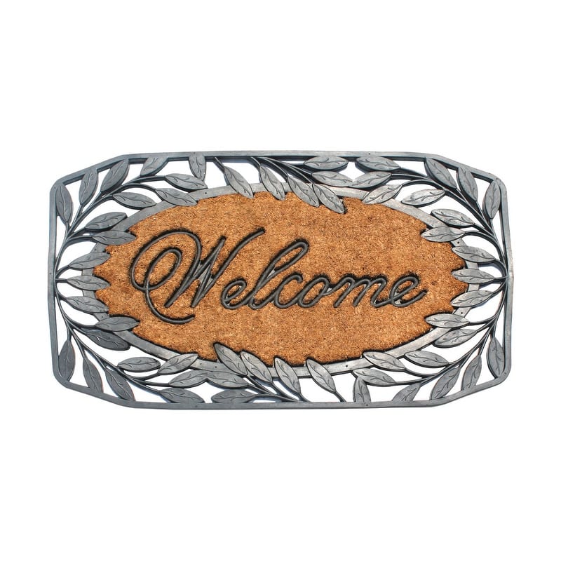 A1HC Welcome Stylish Leaf Border Rubber and Coir Large Heavy-Duty Outdoor Doormat, Black - 23"X38"