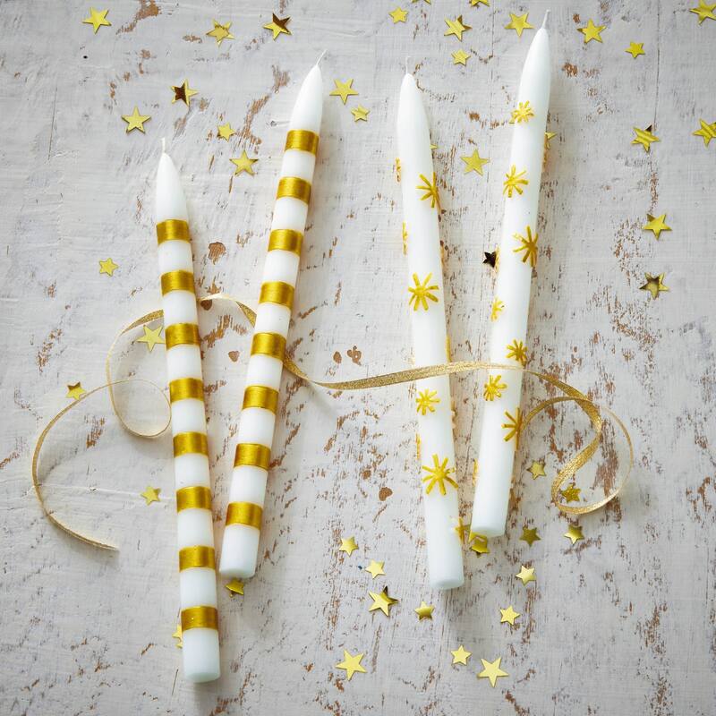 Gold Stripes Taper Candles - 12" Decorative Flame Candles for Christmas, Paraffin Wax, 6 Hour Burn Time, Set of 2