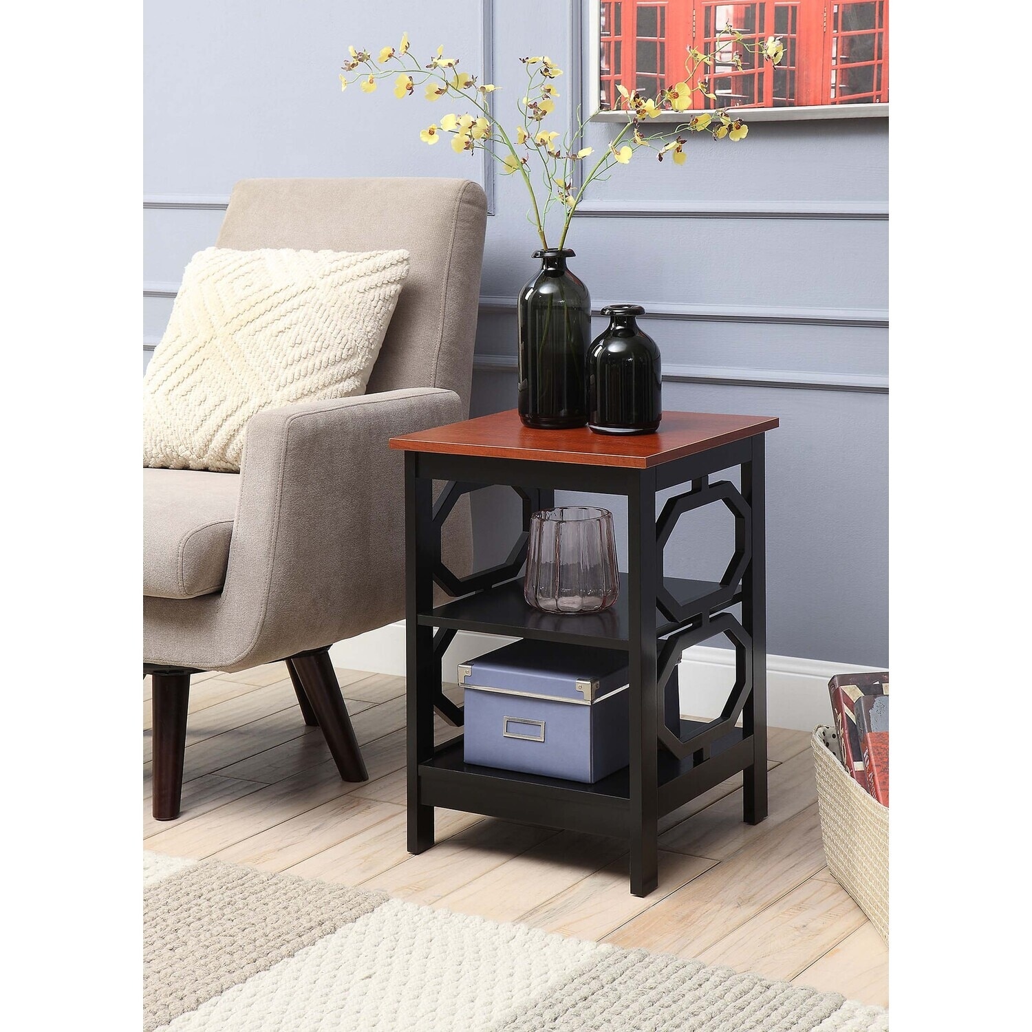 End Table with Octagon Side Cutouts and 3 Shelves, Compact Accent