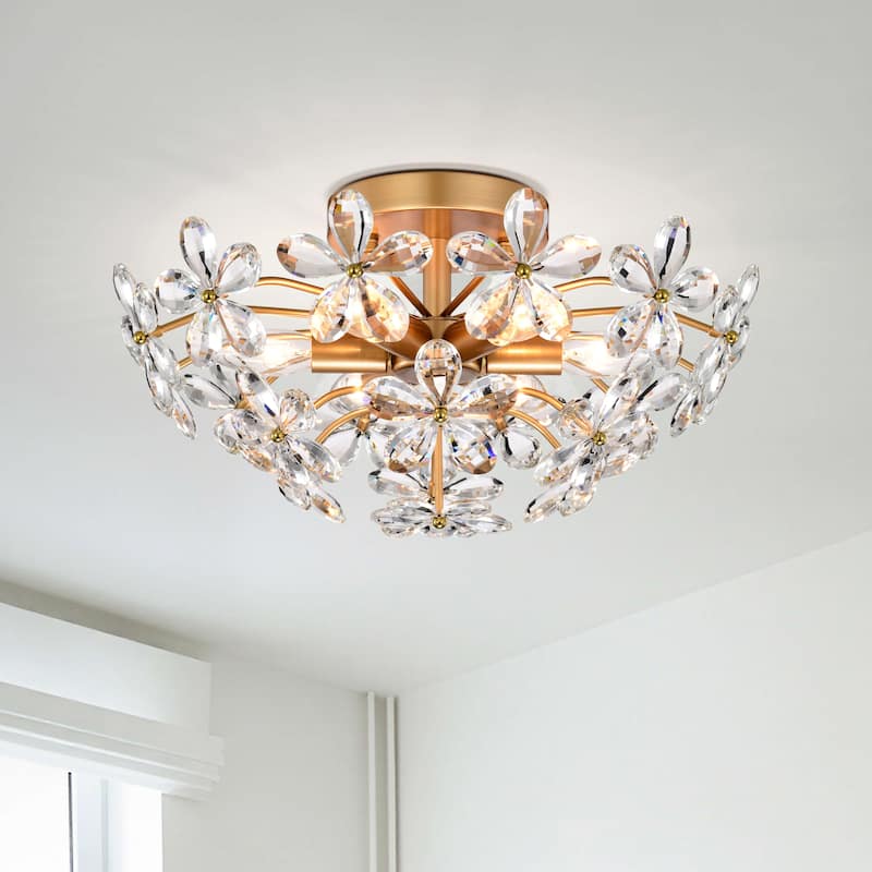 Rosa 6-Light Brushed Silver-ish Champagne Flower Crystal Flush Mount - Glossy Brass