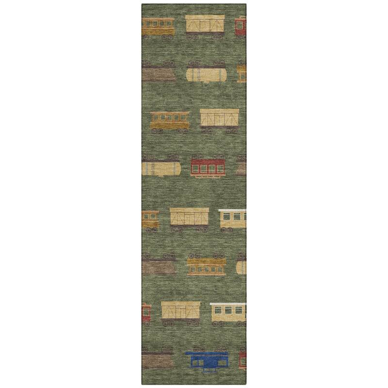 Machine Washable Indoor/ Outdoor Modern Train Chantille Rug