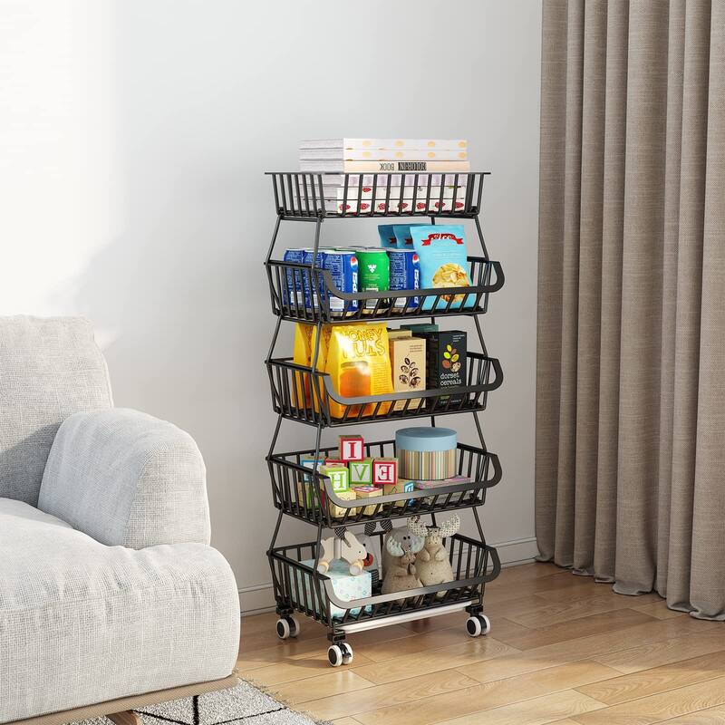 5 Tier, Kitchen Fruit Vegetable Storage Cart, Vegetable Basket Bins for Onions and Potatoes, Wire Storage Organizer Utility Cart