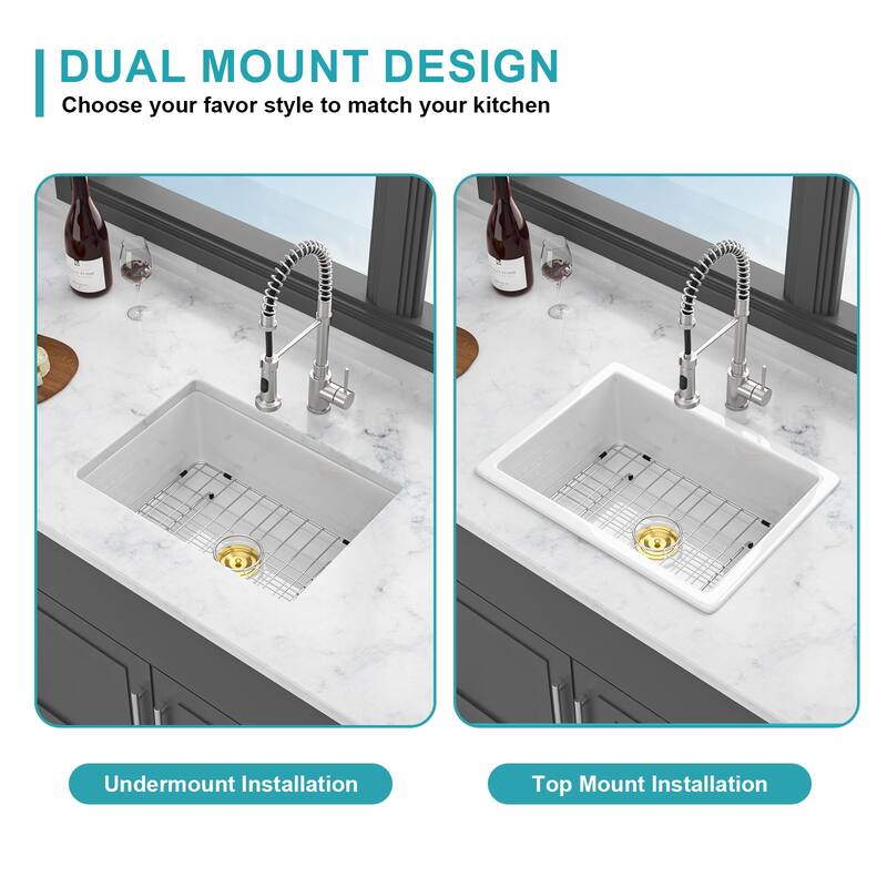 24"x18"x9" Undermount Single Bowl Porcelain Ceramic Kitchen Sink Dual Mount White Ceramic Rectangular Deep Sink Basin