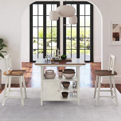 3 Piece Counter Height Dining Table Set, Wooden Kitchen Table Set with Storage Cabinet and Shelves