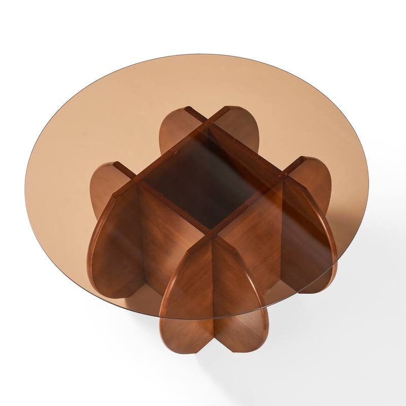 CAROCC Modern Round Table Glass Top Wooden Base Petal - Shaped Legs Dining Living Room Stylish Sturdy