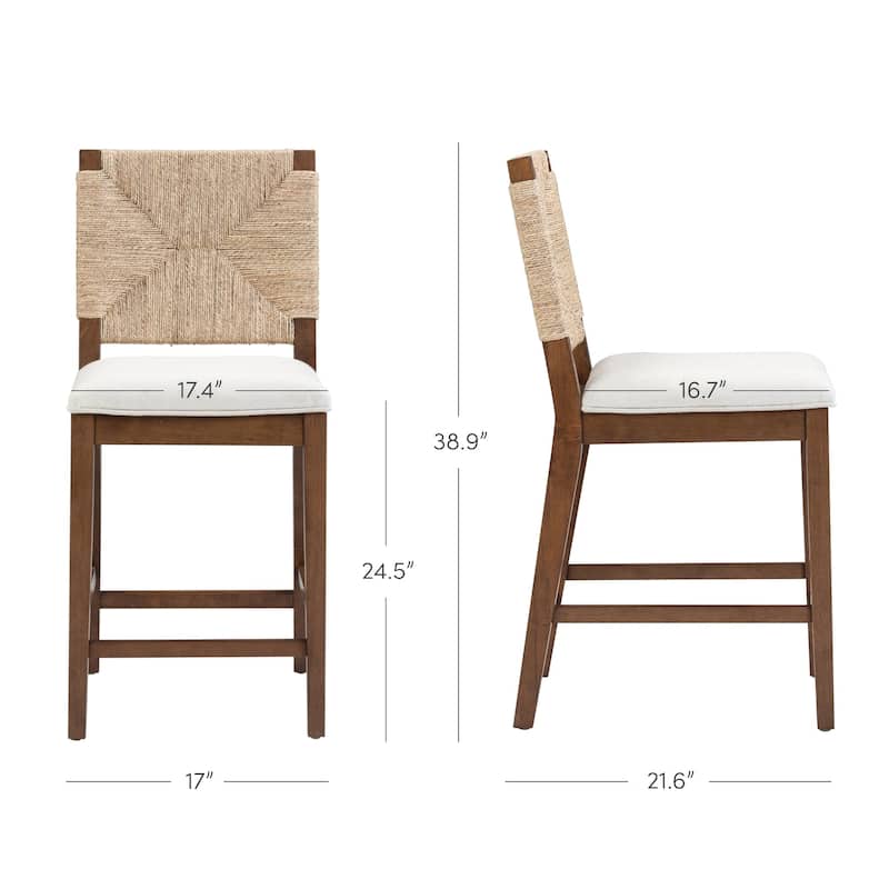 Beacon Bohemian Boucle Bar Stool, Upholstered Counter Height Chair with Solid Wood Frame and Woven Seagrass Back
