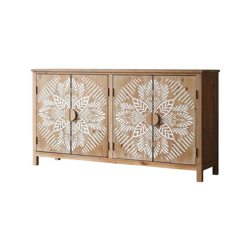 HomeRoots 60" Brown and White Wood Carved Floral Accent Cabinet With Four Doors