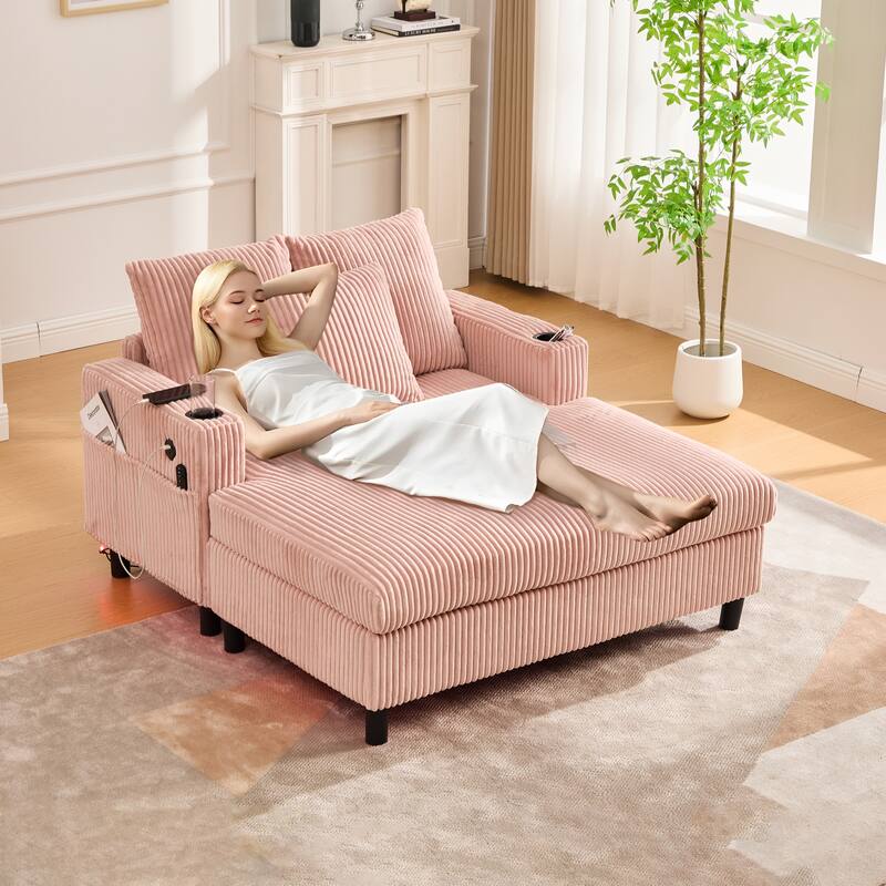 GDFStudio - Corduroy Recliner Sofa with USB Charging, RGB LED Light Strip - Suitable for Living Room and Bedroom