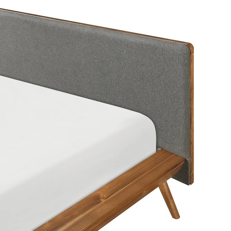 Queen Platform Bed with Upholstered Headboard in Dark Gray and Chestnut Finish