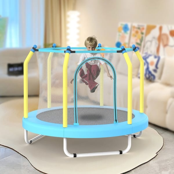 slide 2 of 30, 55'' Kids Trampoline with Basketball Hoop and Safety Enclosure Blue